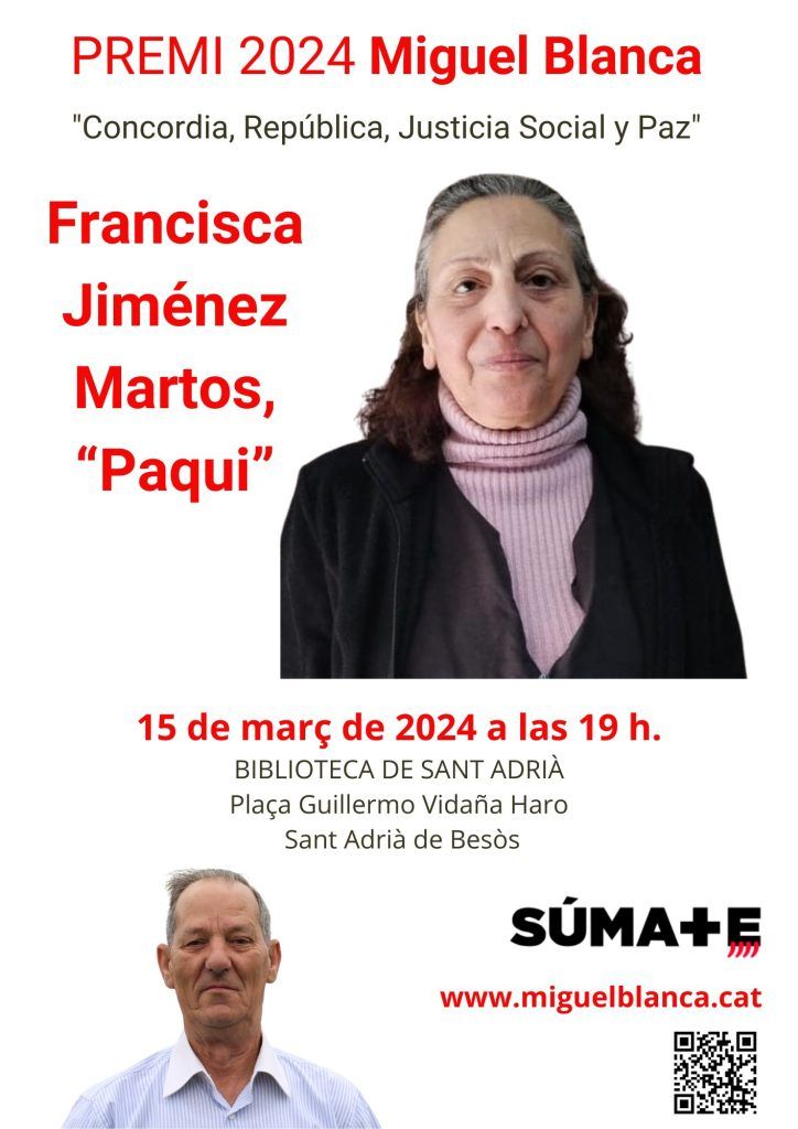 Francisca Jiménez Martos, «Paqui,» guanyadora del II Premi Miguel Blanca 2024